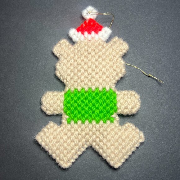Vintage Finished Needlepoint Teddy Bear Christmas Tree Ornament 5 x 3.25" - Picture 3 of 3